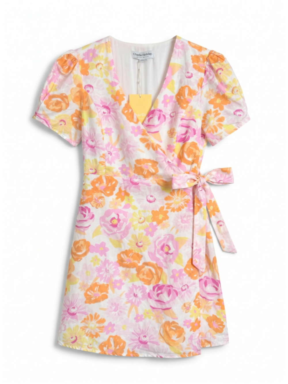 Charlie Holiday Callie Floral Wrap Mini Dress White and Pink, Sz XS